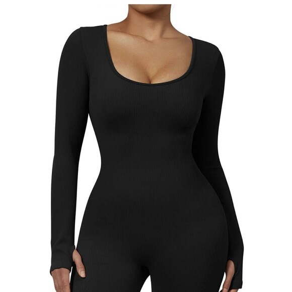 SUUKSESS Women Long Sleeve Ribbed Bodysuit Front Workout One Piece Large - Picture 3 of 7